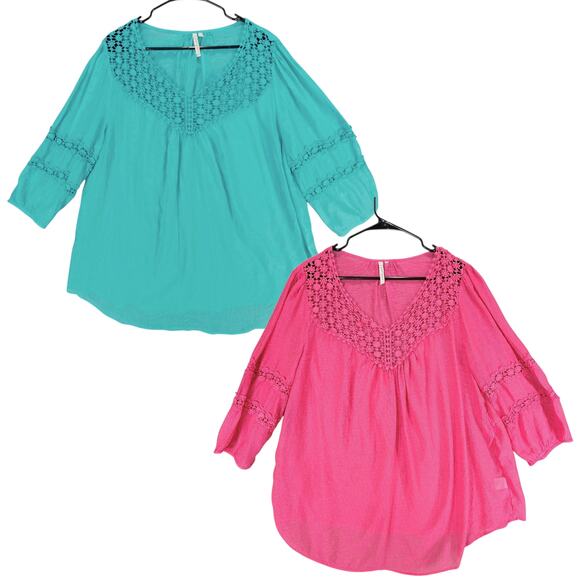 grand & greene Top sz 1X Women Aqua Blue Pink Peasant Boho Fairy Balloon Sleeves - Picture 1 of 14